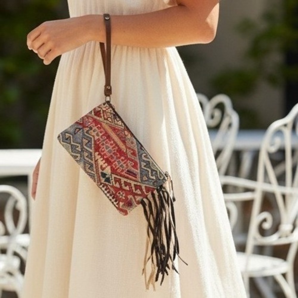 Angel Ranch Taylor Wristlet Clutch Suede Fringe Geometric Multicolor Western